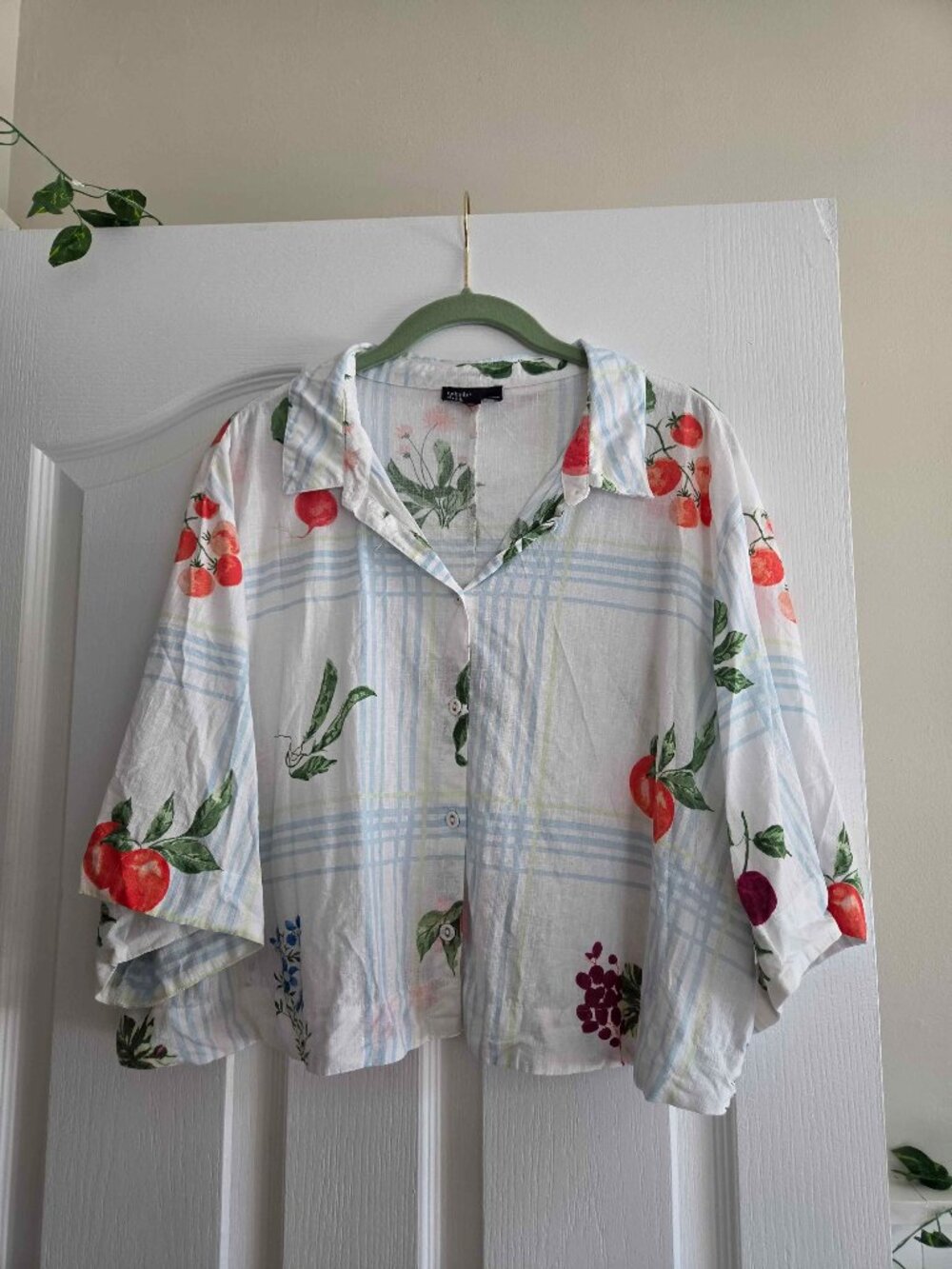 Nobody's Child Button Up Short Sleeve Blouse Plaid Veggie and Fruit Print